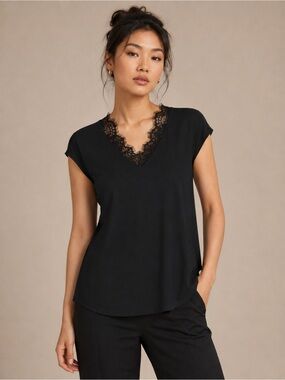 LEANI Womens Blouse Small Black Lace V Neck Cap Sleeve Top NWT